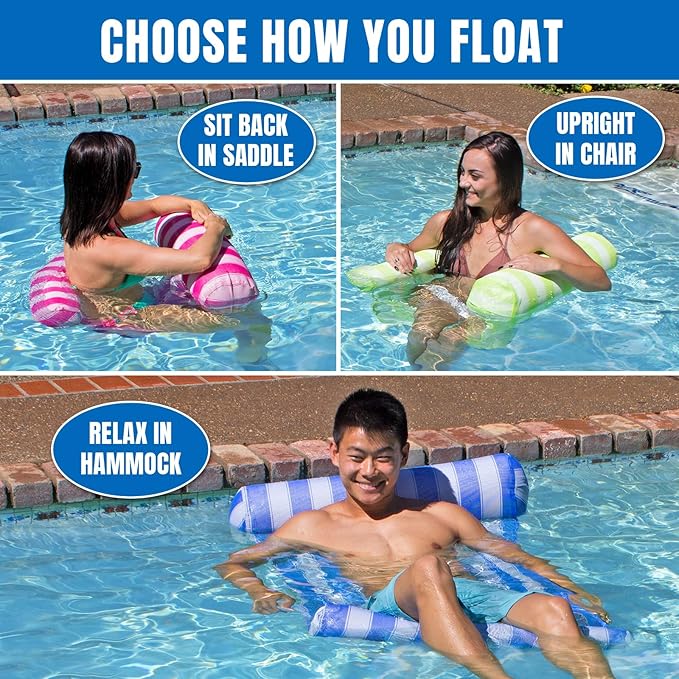 Poolmaster 2- Pack Water Hammock Inflatable Pool Floats for Adults, 4-in-1 Hammock, Saddle, Lounge or Drifter With Quick-Dry Mesh Fabric, 12-Gauge Vinyl Support, Pink