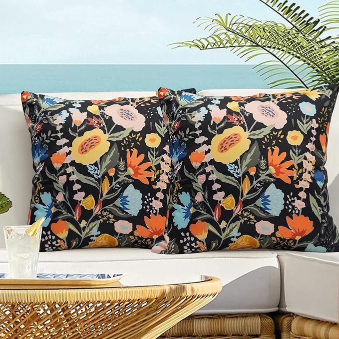 Floral Outdoor Throw Pillow Covers 18x18 Waterproof Colorful Summer Spring Garden Decorative Square Patio Pillows Outdoor Pillows Covers for Patio Furniture Set of 2 (No Pillow Insert)