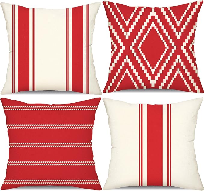 DFXSZ Outdoor Red Waterproof Geometry Pillow Covers 18x18 Set of 4 | Summer Fall Waterproof Modern Throw Pillowcases(No Inserts) Outdoor Decor for Patio Funiture Garden Polyester Covers