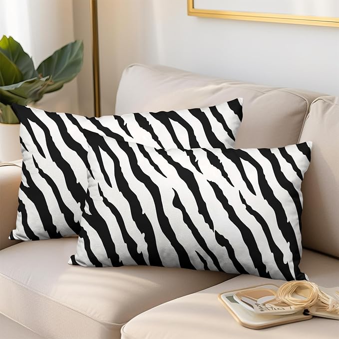 Zebra Pillow Covers Zebra Striped Pattern Rectangle Pillow Case 12x20 Black and White Lumbar Throw Pillow Covers for Bedroom Living Room Sofa Set of 2