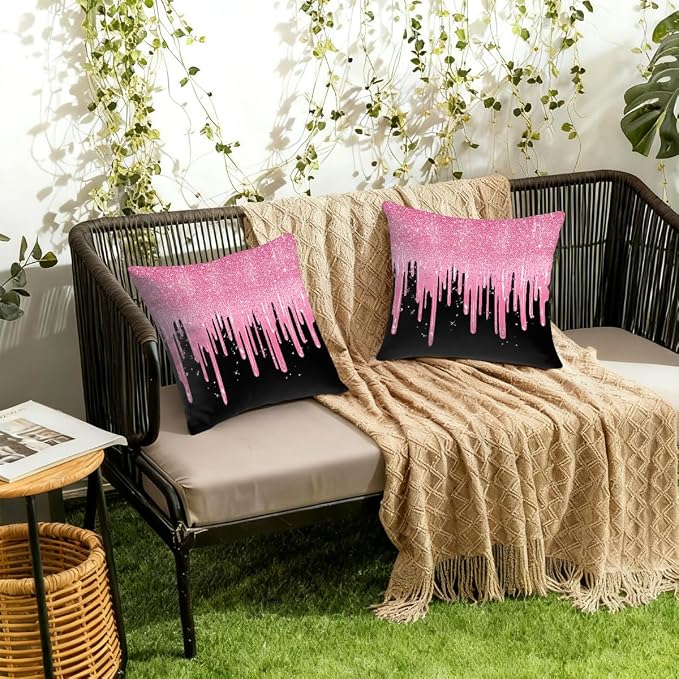 18x18 Inch Outdoor Pillow Covers Set of 2 Waterproof Throw Pillow Covers Decorative Couch Cushion Covers Pink Glitter Flow Square Pillowcases Protectors for Patio Garden Sofa