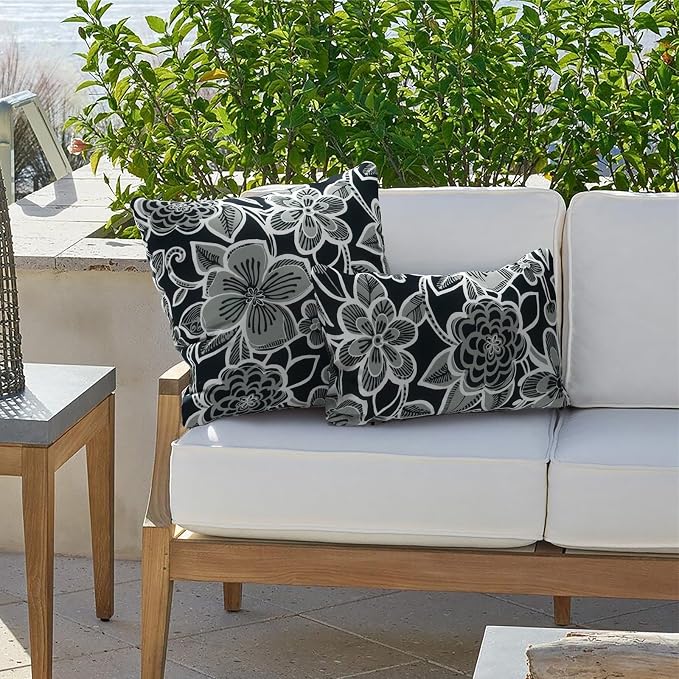 Outdoor Lumbar Pillows 12x20 inch, Rectangle Throw Pillows with Inserts, Decorative Lumbar Cushions for Patio Furniture Garden Couch Home Sofa Office Chair, Pack of 2,Flower Black
