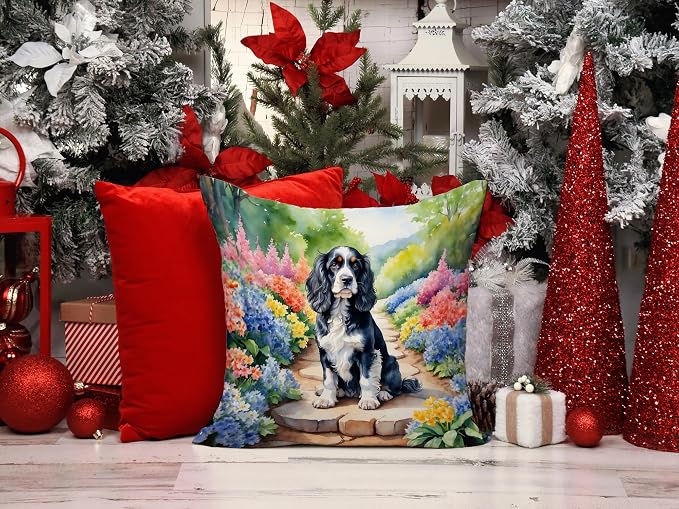 Caroline's Treasures Cocker Spaniel Spring Path Throw Pillow Machine Washable, Indoor Outdoor Decorative Pillow for Couch, Bed or Patio, 14Hx14W