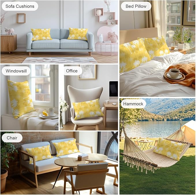 Lumbar Pillow Covers 20x12 Inch Set of 2, Tropical Palm Tree Waterproof Outdoor Pillow Covers, Yellow White Plants Coastal Leaf Beach Decorative Cushion Pillowcases for Couch, Sofa, Bed, Garden, Patio