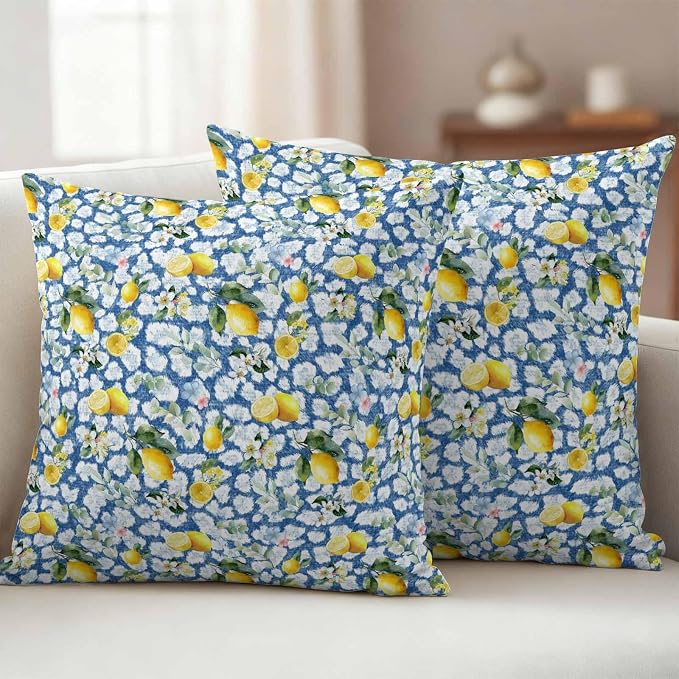 Yukro Summer Lemon Outdoor Waterproof Pillow Covers Pack of 2, Yellow Fruit White Flowers Country Plant Blue Throw Pillowcases Decorative Cushion Covers for Garden Patio Tent Sofa Couch, 24x24 inch