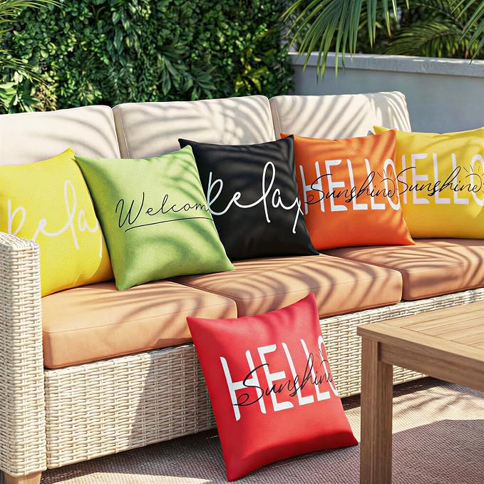 Lewondr Waterproof Outdoor Throw Pillow Cover, 18×18", Yellow | 2 Pack, Hello Sunshine Printing, Summer Garden Decor, For Patio Sofa, Balcony Couch, Bench Porch