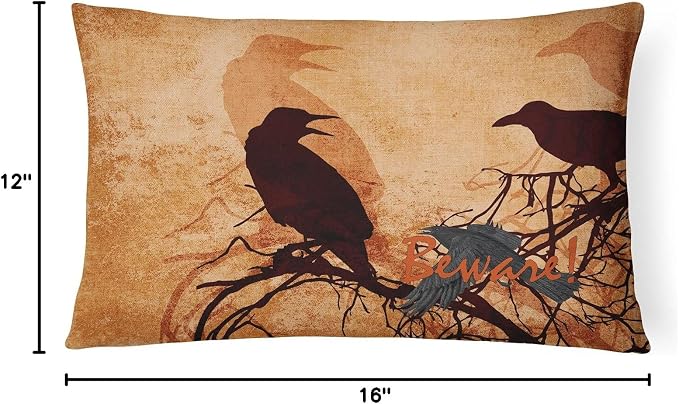 Caroline's Treasures SB3009PW1216 Beware of The Black Crows Halloween Canvas Fabric Decorative Pillow 100% Machine Washable Pillow, Indoor or Outdoor Decorative Throw Pillow for Couch, Bed or Patio