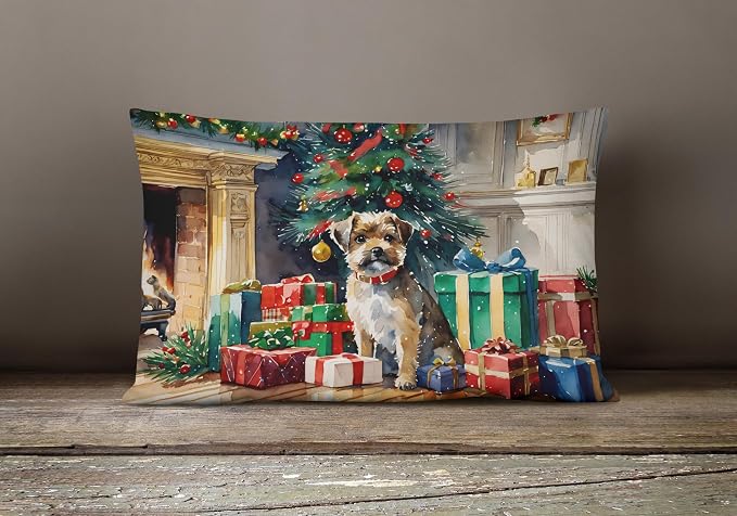 Caroline's Treasures DAC2616PW1216 Border Terrier Cozy Christmas Throw Pillow Machine Washable, Indoor Outdoor Decorative Pillow for Couch, Bed or Patio, 12HX16W