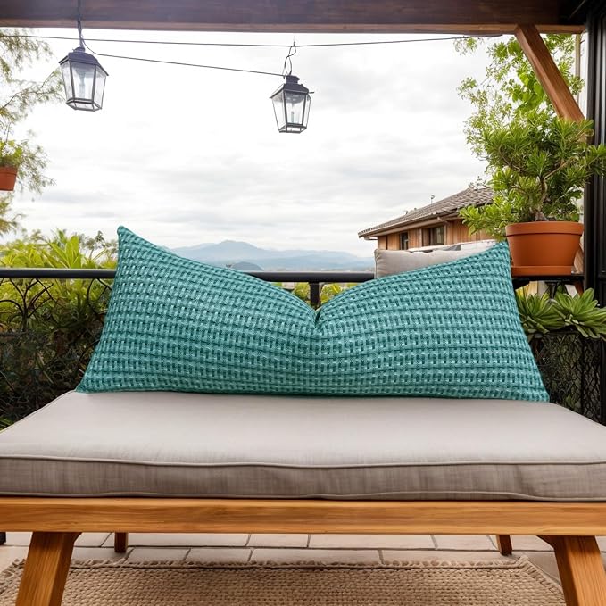 Kevin Textile Outdoor Waterproof 14"x36" Pillow Cover 1 Pack, Teal | Water Resistant Weaving Faux Linen Texture Throw Pillow Covers, Outside Decorative Pillowcases for Garden Patio Balcony Couch