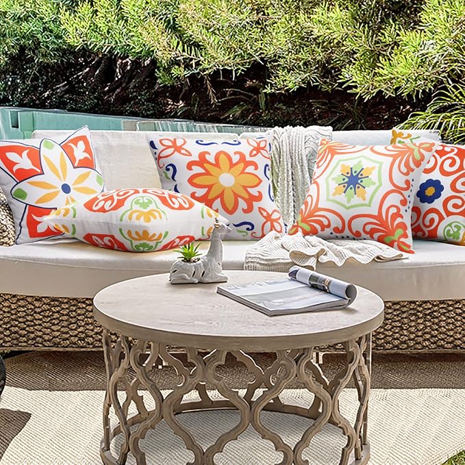 Pyonic Outdoor Waterproof Throw Pillow Covers for Patio Furniture Decorative Boho Pillow Covers 20x20 Floral Printed for Patio Tent Couch Garden Set of 4,Yellow