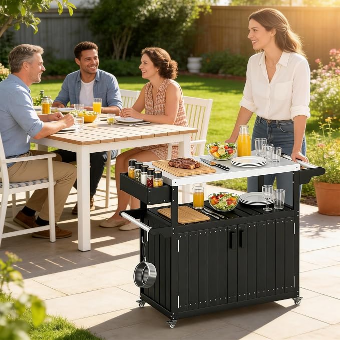 Outsunny Outdoor Bar Cart with Storage Cabinet, Stainless Steel Top Kitchen Island on Wheels, HDPE Outdoor Bar Table, Movable Patio Beverage Food Prep Table for BBQ Picnic, Black