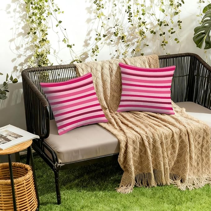 18x18 Inch Outdoor Pillow Covers Set of 2 Waterproof Throw Pillow Covers Decorative Couch Cushion Covers Pink Red Striped Square Pillowcases Protectors for Patio Garden Sofa