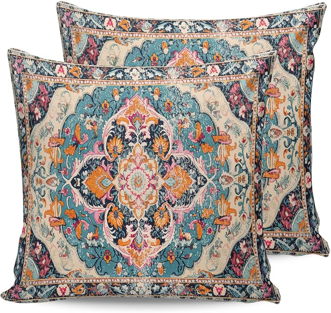 Outdoor Waterproof Pillow Covers Set of 2, Meddle Century Vintage Floral Mural Pattern Patio Throw Pillow Covers, Decorative Cushion Case for Couch Sofa Furniture Garden, 16x16 Inch