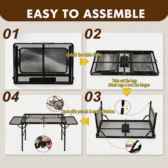 Folding Camping Table with 2 Wing Panels – Adjustable Height & Width Portable Outdoor Grill Table, 3x2 FT Lightweight Metal Picnic Table with Mesh Layer & Side Pocket for BBQ, Beach, Tailgate, Hiking