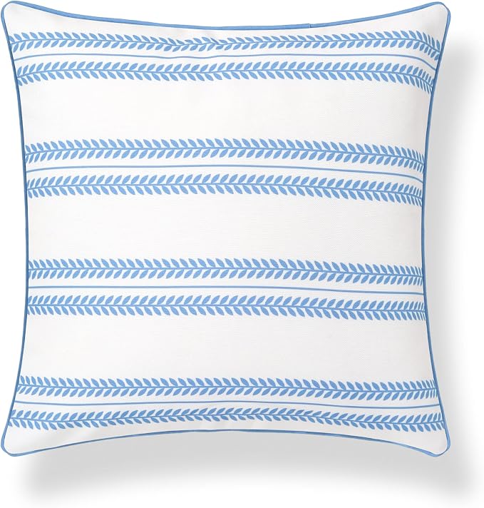 Hofdeco Premium Coastal Hampton Patio Indoor Outdoor Throw Pillow Cover Only, 22"x22" Water Repellent for Backyard, Couch, Poolside, Azure Blue Print Leaf Striped