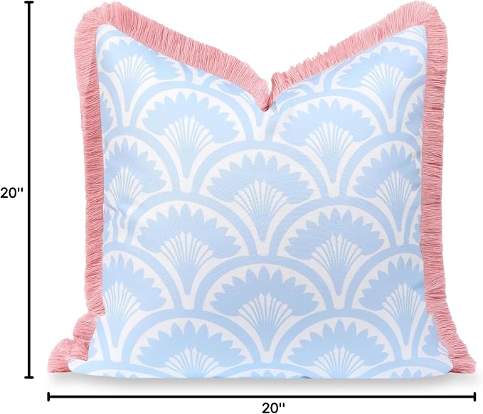 Hofdeco Premium Coastal Grandmillennial Patio Indoor Outdoor Throw Pillow Cover Only, 20"x20" Water Repellent for Backyard, Couch, Poolside, Baby Blue Pink Print Tropical Ravenala Palm Tree
