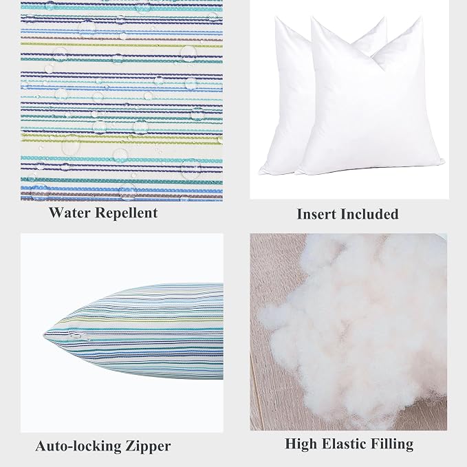 FUNHOME Outdoor Throw Pillows with Insert 18x18 Inch Pack of 2-Blue Stripe | Decorative Throw Pillows with Inserts, Water-Repellent, Square Pillows for Bed, Couch, Sofa and Patio Furniture