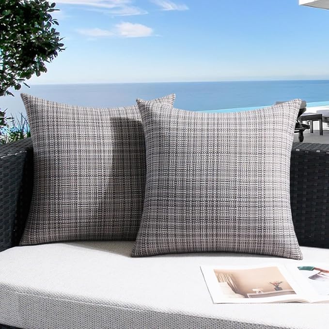 UGASA Outdoor Waterproof Throw Pillow Covers Pack of 2 Patio Water Resistant Pillow Cases Summer Woven Texture Decorative for Outside Garden Porch Yard Bench Tent 20x20 Inch, Grey