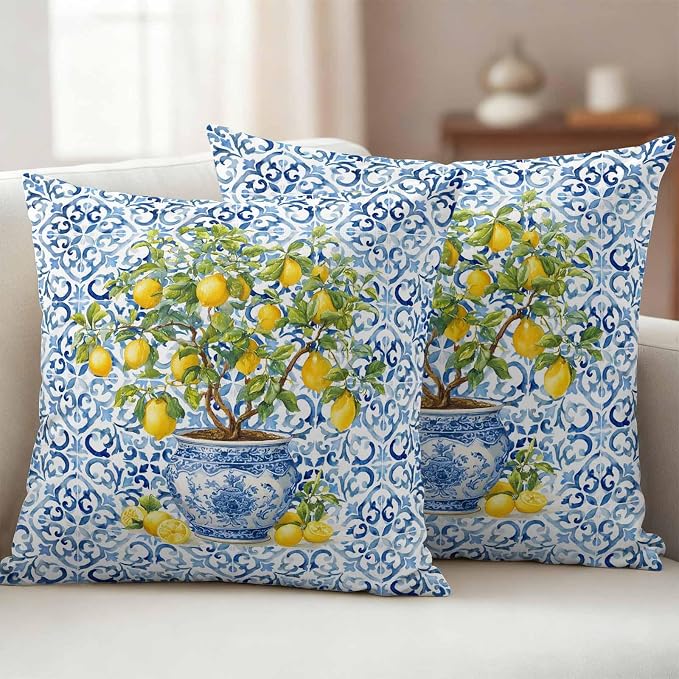 Summer Lemons Outdoor Pillow Covers 16x16 Inch Throw Pillow Covers Set of 2 Waterproof Decorative Pillow Cases Blue Boho Floral Farmhouse Botanical Cushion Covers for Patio Furniture Garden Couch Sofa