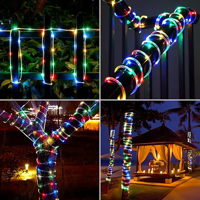 Solar Rope Lights, 2 Pack Total 66ft 200LED Solar String Lights, 8 Modes Waterproof Solar Outdoor Light, Flexible Clear Trampoline Light for Garden Yard Patio Deck Porch Pool Tree Decor - Multicolor