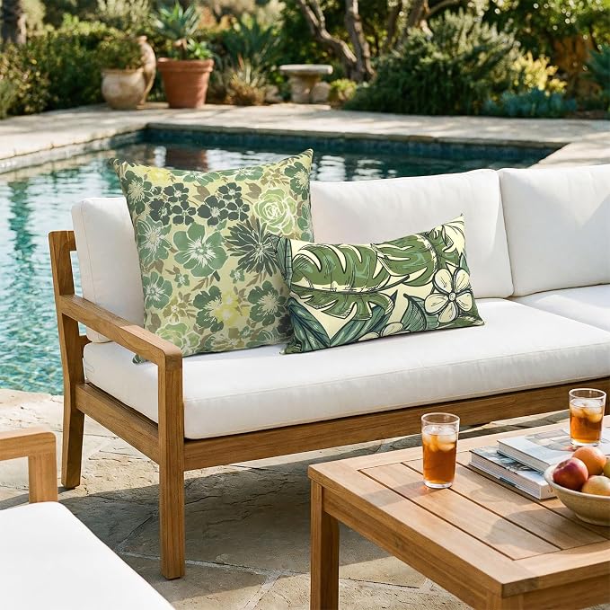 Outdoor 20x20 Inch Pack of 2 Patio Throw Pillow Covers ONLY, Water Repellent Cushion Cases, Square Pillowcases for Outdoor Couch Decoration, Green Rose