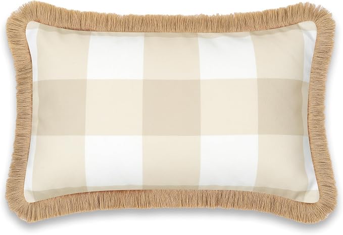 Hofdeco Premium Coastal Patio Indoor Outdoor Lumbar Pillow Cover Only, 12"x20" Water Repellent for Backyard, Couch, Neutral Tan Plaid with Fringe
