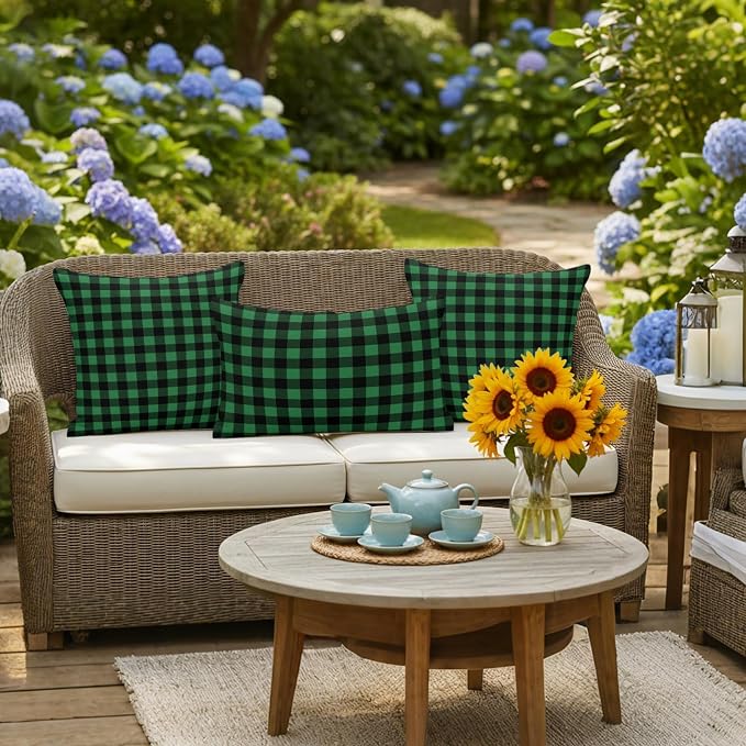 Forest Green Checks Outdoor Pillow Covers 18"x18" Set of 2, Black Gingham Plaid Abstract Modern Waterproof Throw Pillow Covers for Patio Furniture, Decorative Cushion Covers for Porch
