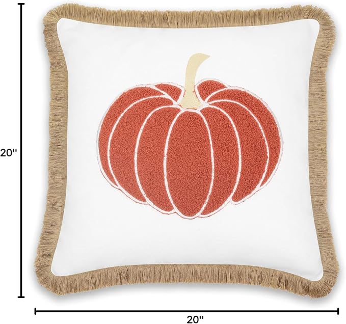 Hofdeco Premium Fall Coastal Patio Indoor Outdoor Pillow Cover Only, 20"x20" Water Repellent for Backyard, Couch, Rust Orange Embroidered Pumpkin with Fringed Trim