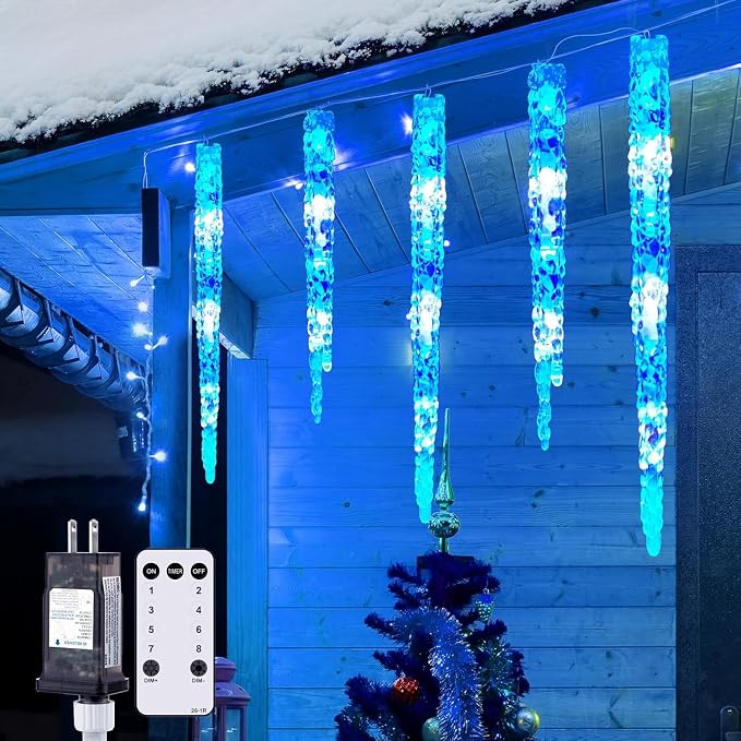 Brightown Icicle Lights Outdoor, 2 Pack Total 40ft 40 Tubes 200 LED Ice Shape String Lights, Connectable Hanging Christmas Decoration Lights for Tree Patio Roof Holiday Decor, Blue and White