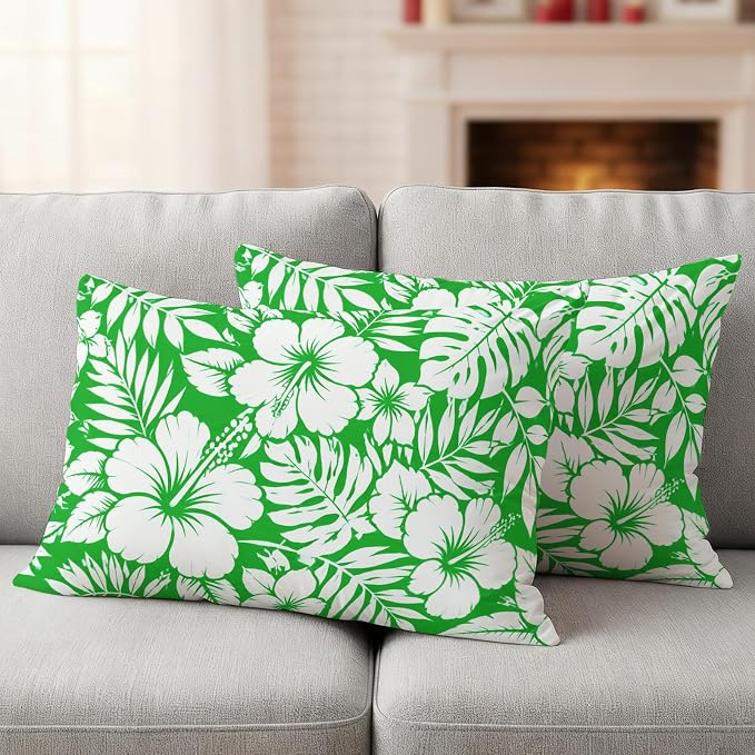 Green Hibiscus Flowers Waterproof Outdoor Pillow Covers Set of 2 Home Decor, Tropical Monstera Leaves Lumbar Pillowcase Patio Pillow Covers for Couch Bench Patio Furniture Garden 20x12in