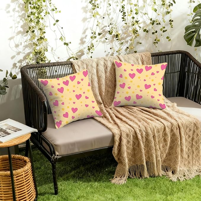 18x18 Inch Outdoor Pillow Covers Set of 2 Waterproof Throw Pillow Covers Decorative Couch Cushion Covers Pink Hearts Yellow Stars Square Pillowcases Protectors for Patio Garden Sofa