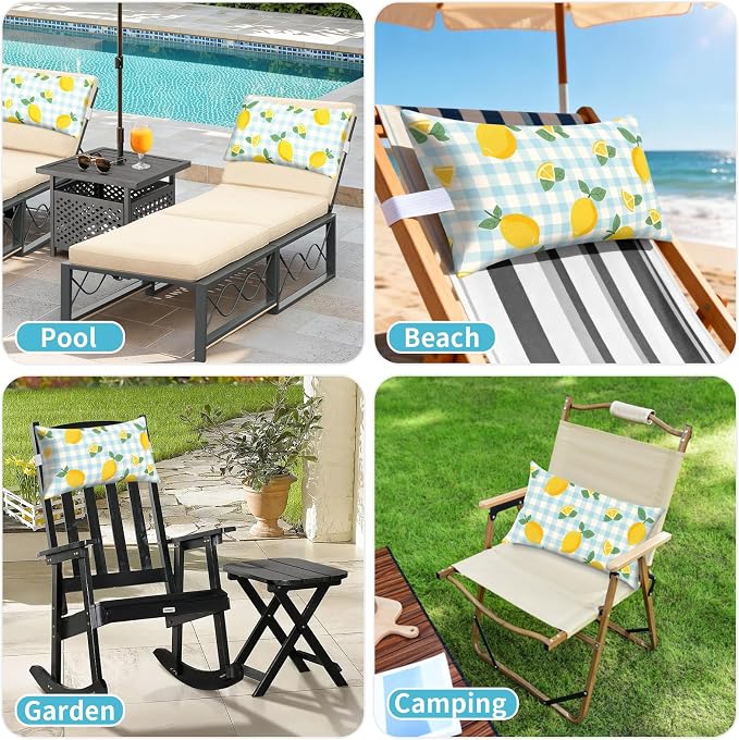 Outdoor Pillows for Lounge Chair Head Resting 2 Pack Waterproof | Headrest Lumbar Pillows with Adjustable Strap for Recliner Beach Pool Lounger Chair, Lemon