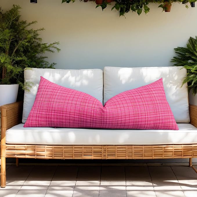Kevin Textile Outdoor Waterproof 14"x36" Pillow Cover 1 Pack, Hot Pink | Water Resistant, Faux Linen Yarn-dyed, Woven Texture Throw Pillow Covers for Tent Patio Garden Couch Sofa
