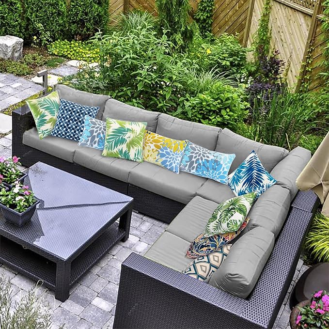 JMGBird Yellow Outdoor Pillows Waterproof 12x20 Throw Pillows with Inserts | Blue & Yellow Pattern UV Fade Resistant Patio Cushions