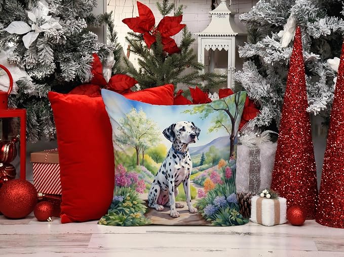 Caroline's Treasures Dalmatian Spring Path Throw Pillow Machine Washable, Indoor Outdoor Decorative Pillow for Couch, Bed or Patio, 14Hx14W