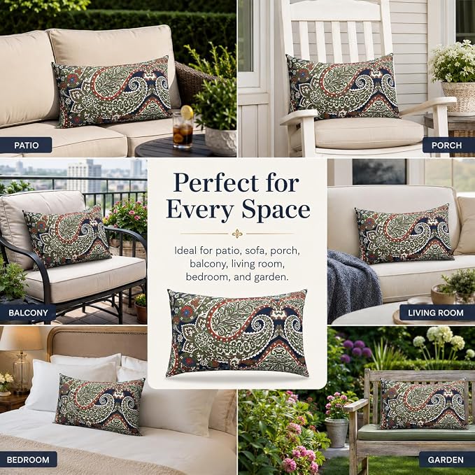 Pack of 2 Patio Lumbar Pillows 12"x20" | Fade Resistant Outdoor Waterproof Lumbar Pillow with Inners Decorative Garden Lumbar Cushions for Home Patio Terrace Sofa