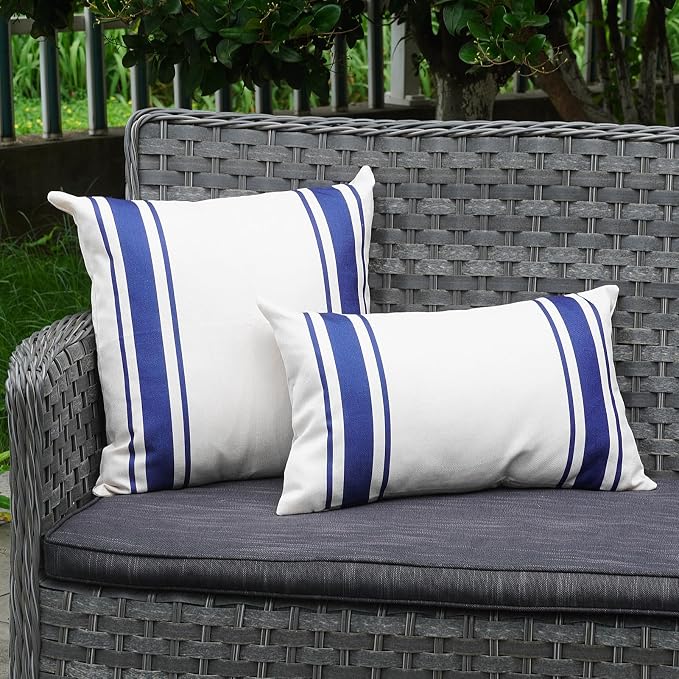 ONWAY Outdoor Pillow Covers Waterproof 18x18 Set of 2 Decorative Linen Throw Pillow Cover Beige and Navy Blue Striped Outdoor Pillows for Patio Furniture