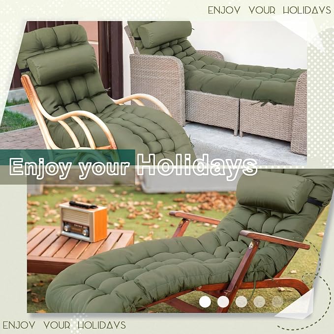 Tudomro Outdoor Chaise Lounge Cushion 66x21x4'' Waterproof & Fade-Resistant Patio Pool Chaise Lounge Cushion Headrest Pillow Tie Replacement Rocking High Back Chair(Olive Green,Set of 2)