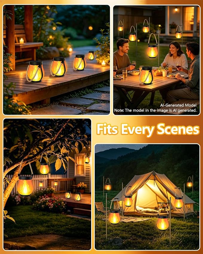 2 Pack Solar Lanterns Outdoor Waterproof, Solar Flame Lanterns with 2 Modes | Ultra-Real Flame, USB/Solar Charging, IP65 Waterproof, Hanging/Table Solar Lights Outdoor for Tree Garden Porch Yard Patio