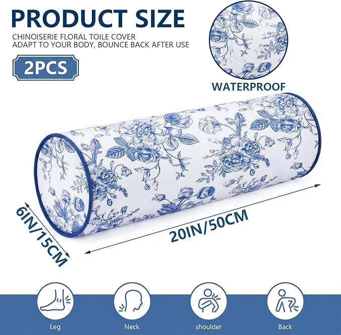 Set of 2 Blue Floral Outdoor Bolster Pillows with Inserts, 6 x 20 Inch, Blue White Chinoiserie, Water Repellent Throw Pillow Patio Neck Waist Cushion for Backyard Bed Couch Sofa Poolside