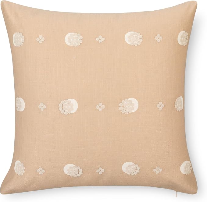 Crumbs Home Modern Farmhouse California Casual Indoor Outdoor Throw Pillow Cover, 20"x20" Water Repellent for Patio, Backyard, Couch, Poolside, Earth Tone Tan Neutral Embroidered Striped Dots