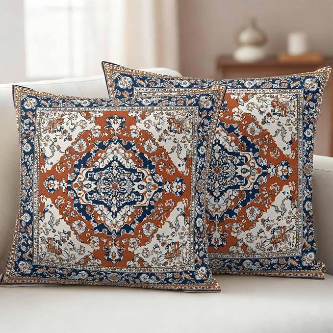 Orange Blue Boho Southwestern Outdoor Pillow Covers 24x24 Inch Throw Pillow Covers Set of 2 Waterproof Decorative Pillow Cases Traditional Ethnic Classical Cushion Covers for Patio Furniture Garden