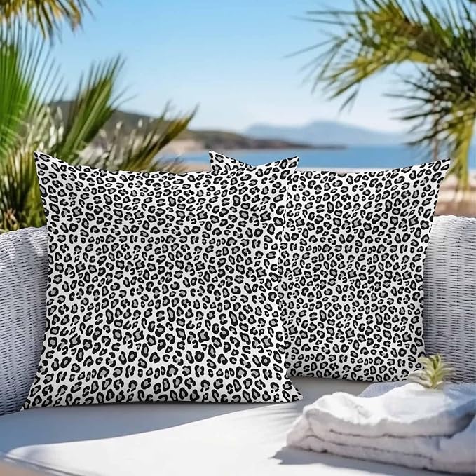 Vandarllin Outdoor Throw Pillows Covers 16x16 inch Set of 2 Waterproof Black Leopard Print Decorative Zippered Cushion Covers for Patio Furniture, Luxury Animal Fur Pattern Lumbar Pillowcases