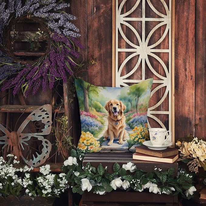 Caroline's Treasures Golden Retriever Spring Path Throw Pillow Machine Washable, Indoor Outdoor Decorative Pillow for Couch, Bed or Patio, 18Hx18W