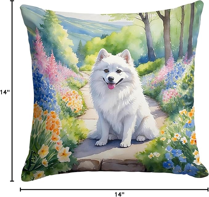Caroline's Treasures American Eskimo Spring Garden Throw Pillow Machine Washable, Indoor Outdoor Decorative Pillow for Couch, Bed or Patio, 14Hx14W