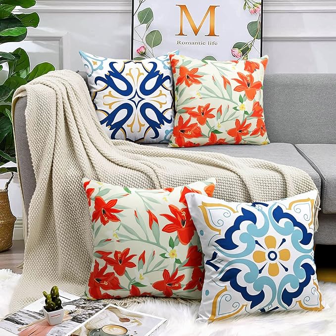 Pyonic Outdoor Pillows Covers Pack of 2 Spring Floral Waterproof Throw Pillow Covers 18X18 inch Outdoor Pillows for Patio Furniture Garden Square Outside Waterproof Pillow