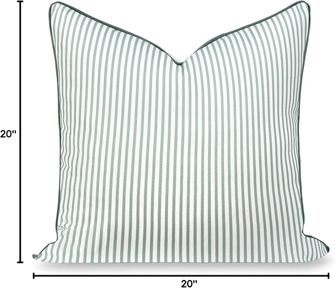 Hofdeco Premium Coastal Grandmillennial Patio Indoor Outdoor Throw Pillow Cover Only, 20"x20" Water Repellent for Backyard, Couch, Poolside, Celadon Green Print Stripes