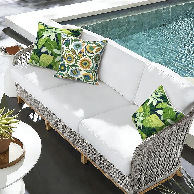 Outdoor Throw Pillow Covers Pack of 2, Decorative Water Repellent Square Pillow Cases with Piping 18x18 Inch, Jungle Leaves