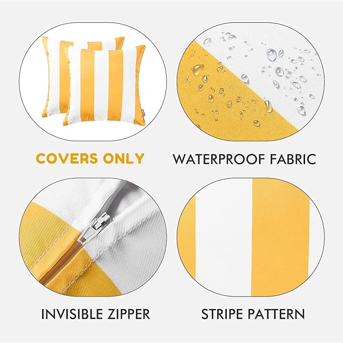 Pack of 2 Decorative Outdoor Waterproof Striped Throw Pillow Covers 18x18 | Yellow,Solid, Polyester Linen Garden Farmhouse Cushion Cases for Couch Sofa Patio Tent Balcony