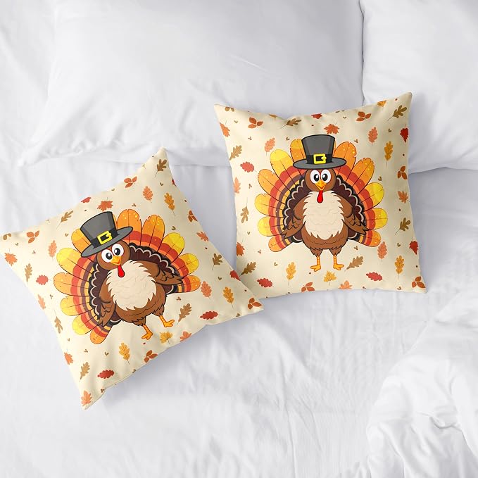Thanksgiving Pillow Covers 16x16 Set of 2 Turkey with Maple Leaves Throw Pillow Covers Square Cotton Blend Pillow Case Thanksgiving Decorations for Living Room Couch